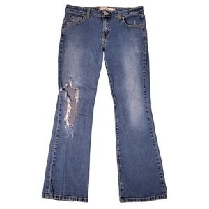 Levis 518 Jeans Womens 11S 32x30 Superlow Boot Cut Blue Distressed Stretch Denim